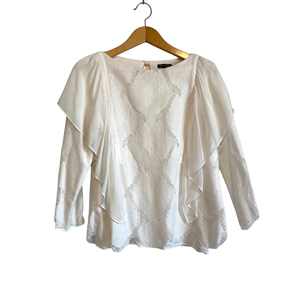 Massimo Dutti Woman's White Ruffled Blouse 3/4 Sleeves Lace Ethereal Romantic 6 - Picture 1 of 7